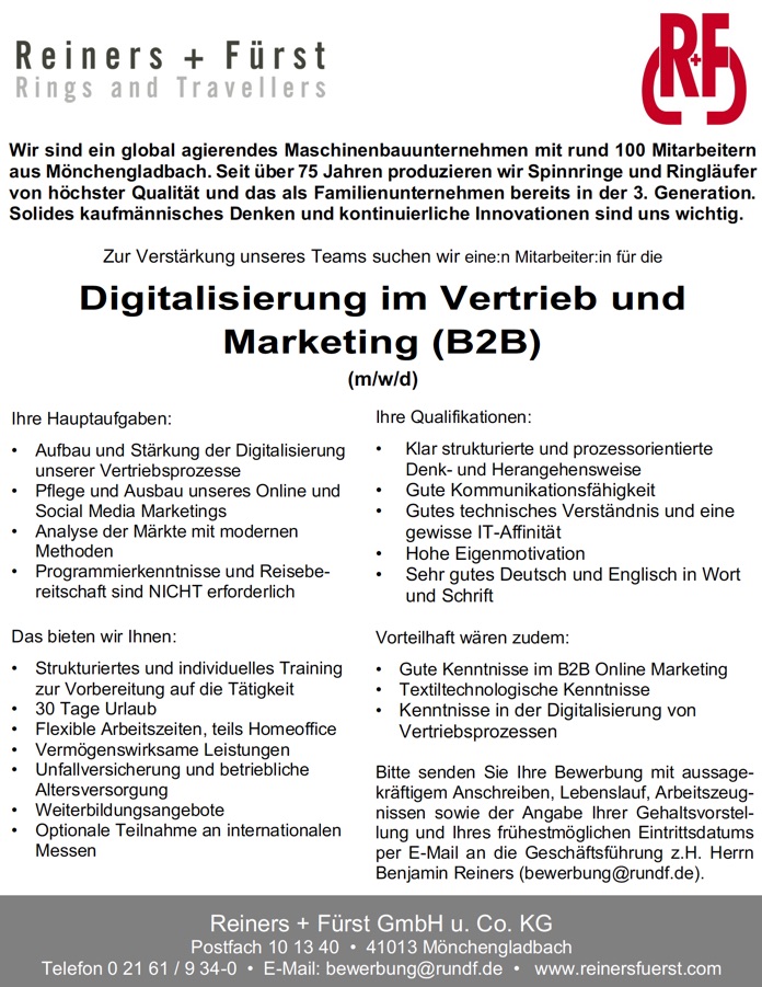 Mitarbeiter (m/w/d) für die Digitalisierung im Vertrieb und Marketing (B2B)